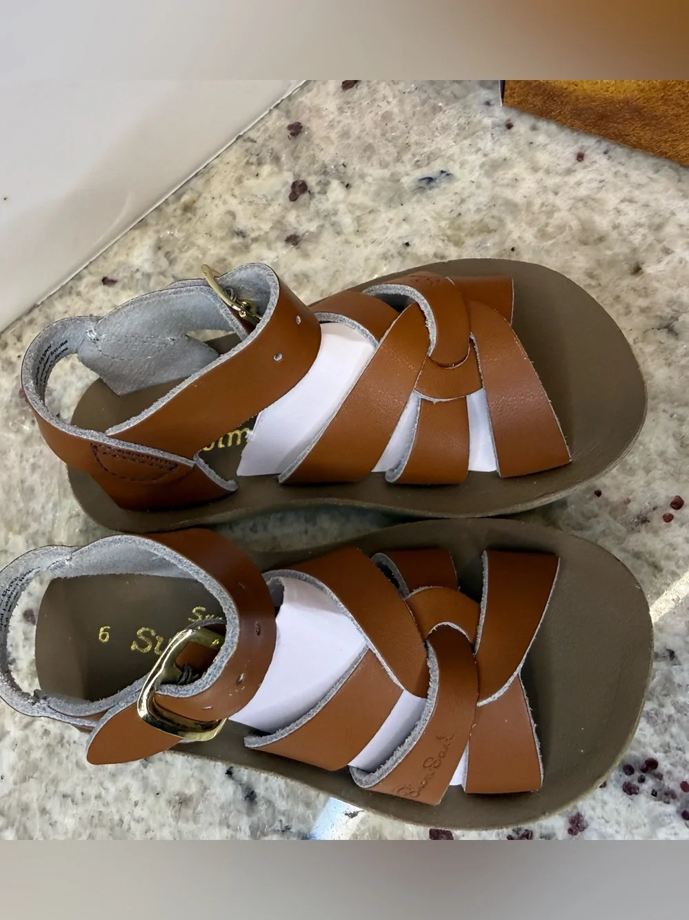 Salt Water Brown Genuine Leather Strap Sandals with Gold Buckle Size 6 NIB